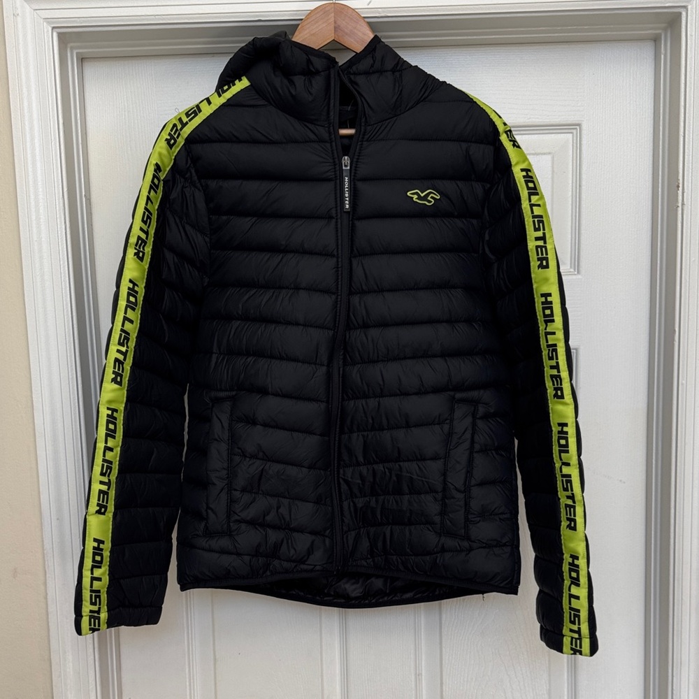 Hollister Black Puffer Jacket with Neon Green Trim